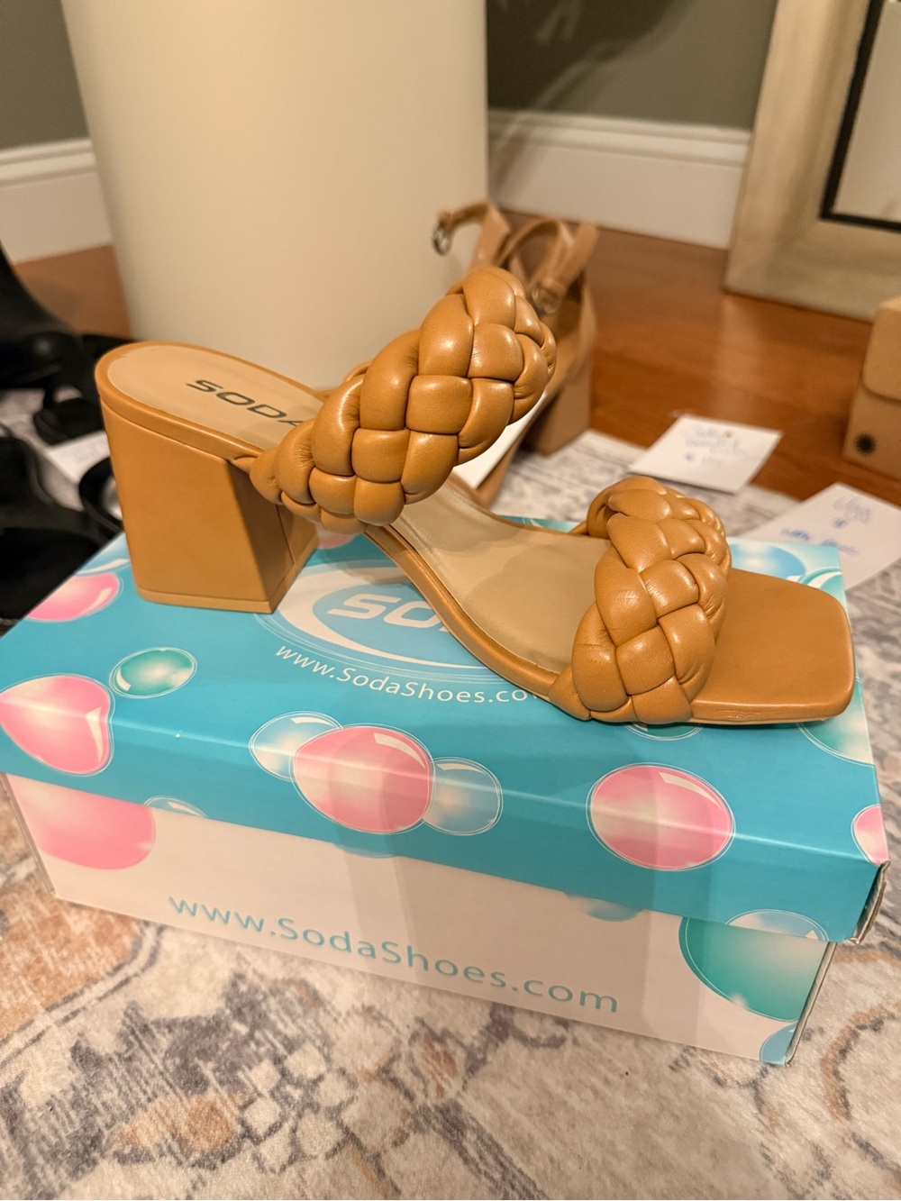 Soda Braided Block Heel Slide Sandal in Cognac